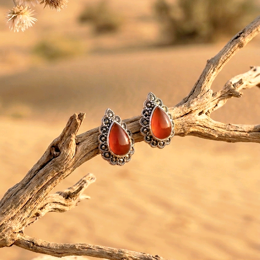 Carnelian And Marcasite Stud Earrings